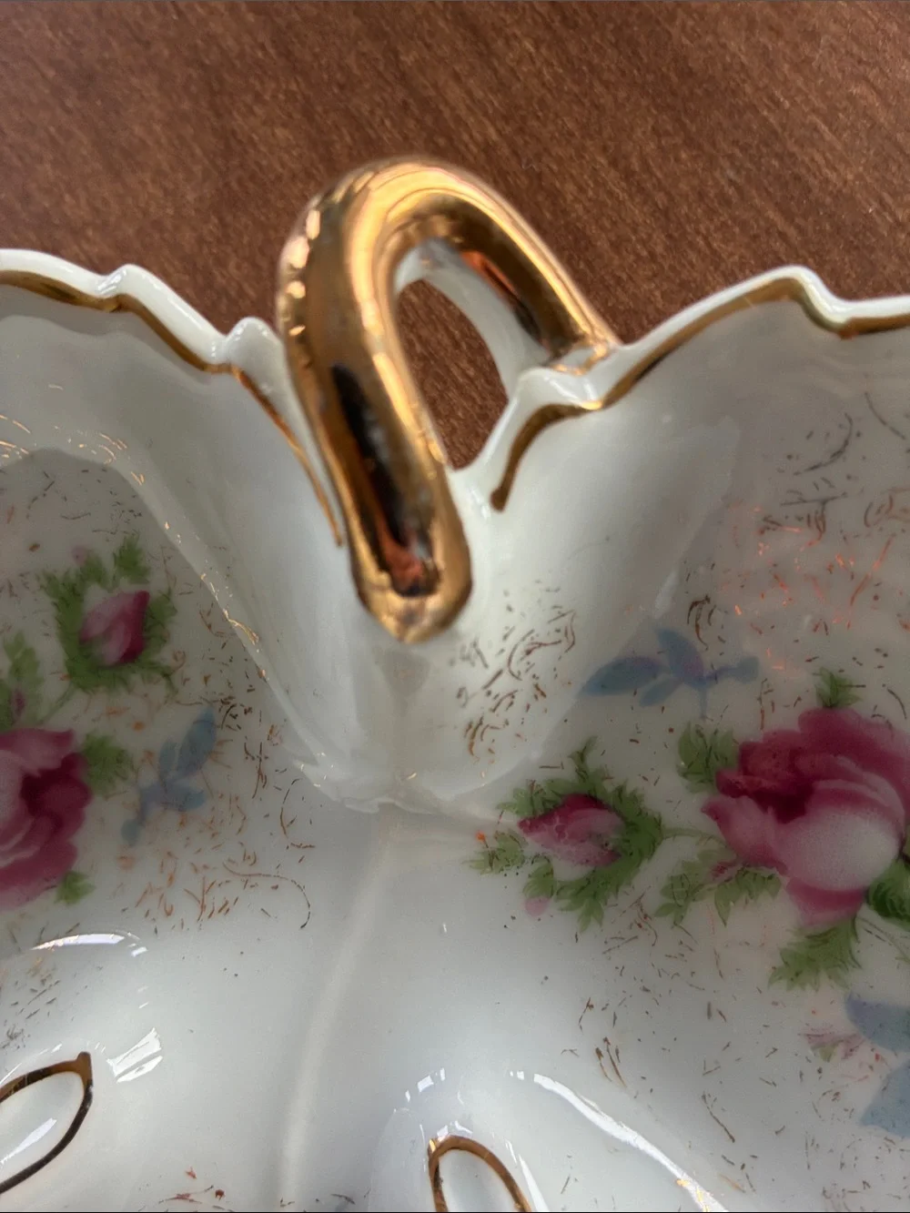 Vintage Floral Triple Dish - Pink Rose Porcelain with Gold Trim